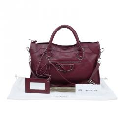 Pre Owned حقيبة بالنسياغا سيتي باغ جلد عنابي كلاسيكية بحروف ميتالك