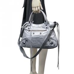 Pre Owned حقيبة بالنسياغا موتورسايكل تاون جلد خروف فضي