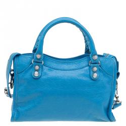 Pre Owned Balenciaga Sky Blue Leather Classic Silver Hardware Mini City Tote