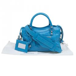 Pre Owned Balenciaga Sky Blue Leather Classic Silver Hardware Mini City Tote