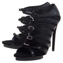 Pre Owned حذاء كعب عالي بالنسياغا سويدي أسود وجلد ثعبان أبازيم وسيور متعددة مقاس 37.5