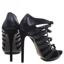 Pre Owned حذاء كعب عالي بالنسياغا سويدي أسود وجلد ثعبان أبازيم وسيور متعددة مقاس 37.5