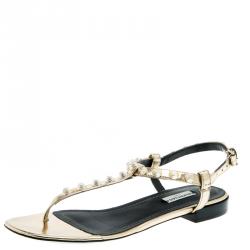 مملوكة مسبقًا Balenciaga Gold Studded Metallic Leather Arena Thong Sandals Size 38
