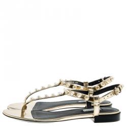 مملوكة مسبقًا Balenciaga Gold Studded Metallic Leather Arena Thong Sandals Size 38