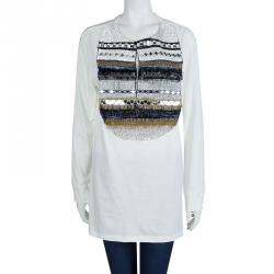 Pre Owned Balmain White Embellished Yoke Detail Long Sleeve T-Shirt M