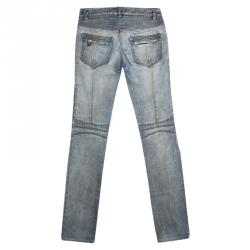 Balmain Grey Washed Denim Pintucked Panel Zip Detail Skinny Jeans S