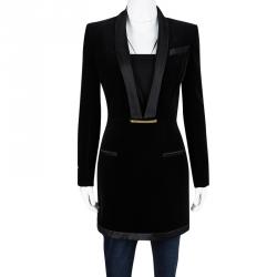Pre Owned Balmain Black Velvet Blazer Style Plunge Neck Dress M