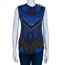 Pre Owned Balmain Blue Printed Sleeveless Tshirt S