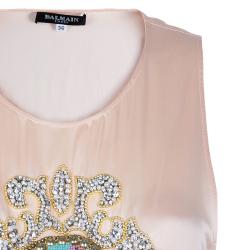 Balmain Pink Motif Embellished Sleeveless Silk Top S