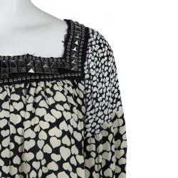 Pre Owned Balmain Monochrome Heart Print Studded Top L