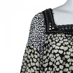 Pre Owned Balmain Monochrome Heart Print Studded Top L