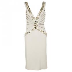 Pre Owned Blumarine Beige Silk Knit Swarovski Embellished Sleeveless Dress M
