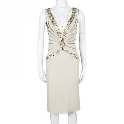 Pre Owned Blumarine Beige Silk Knit Swarovski Embellished Sleeveless Dress M