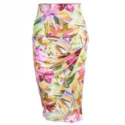 Blumarine Multicolor Floral Printed Silk Knit Draped Skirt M