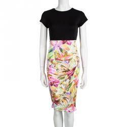Blumarine Multicolor Floral Printed Silk Knit Draped Skirt M