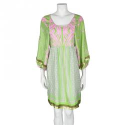 Blumarine Green and Pink Printed Silk Sequin Embellished Long Sleeve Tunic M