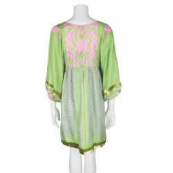 Blumarine Green and Pink Printed Silk Sequin Embellished Long Sleeve Tunic M