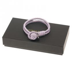 Pre Owned Bottega Veneta Intrecciato Nappa Lilac Leather Palladium Plated Bracelet Size M