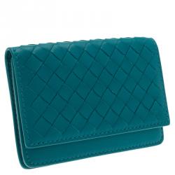 Pre Owned Bottega Veneta Turquoise Intrecciato Leather Card Holder