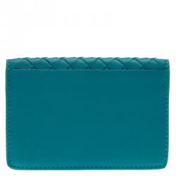 Pre Owned Bottega Veneta Turquoise Intrecciato Leather Card Holder
