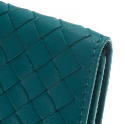 Pre Owned Bottega Veneta Turquoise Intrecciato Leather Card Holder