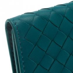Pre Owned Bottega Veneta Turquoise Intrecciato Leather Card Holder