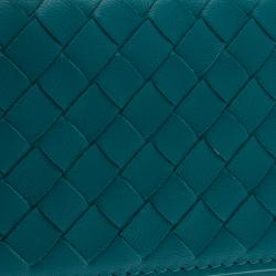 Pre Owned Bottega Veneta Turquoise Intrecciato Leather Card Holder