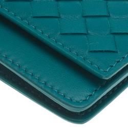 Pre Owned Bottega Veneta Turquoise Intrecciato Leather Card Holder
