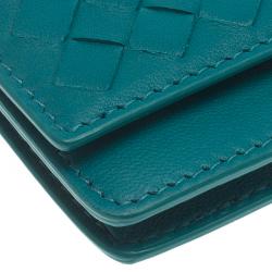 Pre Owned Bottega Veneta Turquoise Intrecciato Leather Card Holder