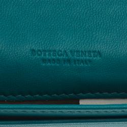 Pre Owned Bottega Veneta Turquoise Intrecciato Leather Card Holder