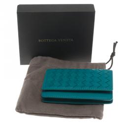 Pre Owned Bottega Veneta Turquoise Intrecciato Leather Card Holder