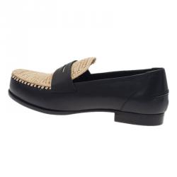 Pre Owned Bottega Veneta Black Leather and Raffia Loafers Size 39