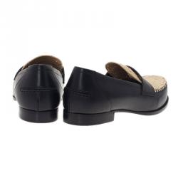 Pre Owned Bottega Veneta Black Leather and Raffia Loafers Size 39