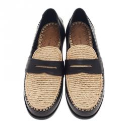 Pre Owned Bottega Veneta Black Leather and Raffia Loafers Size 39