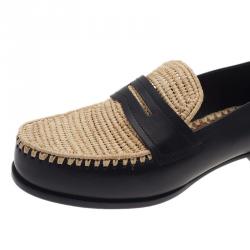 Pre Owned Bottega Veneta Black Leather and Raffia Loafers Size 39