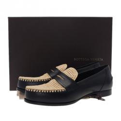 Pre Owned Bottega Veneta Black Leather and Raffia Loafers Size 39