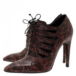 Pre Owned Bottega Veneta Brown Python Cutout Lace-Up Ankle Boots Size 38.5