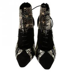 مملوكة مسبقًا Bottega Veneta Black Suede and Python Lace Up Ankle Boots Size 37