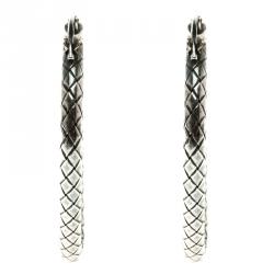 Pre Owned Bottega Veneta Intrecciato Antique Finish Silver Hoop Earrings