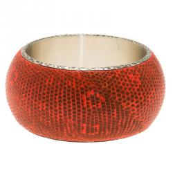 Pre Owned Bottega Veneta Intrecciato Ayeres Neon Orange Silver Snake Skin Bangle Bracelet