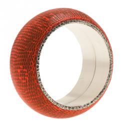 Pre Owned Bottega Veneta Intrecciato Ayeres Neon Orange Silver Snake Skin Bangle Bracelet