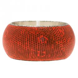 Pre Owned Bottega Veneta Intrecciato Ayeres Neon Orange Silver Snake Skin Bangle Bracelet