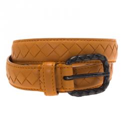 Pre Owned Bottega Veneta Orange Leather Intrecciato Belt Size 90 CM