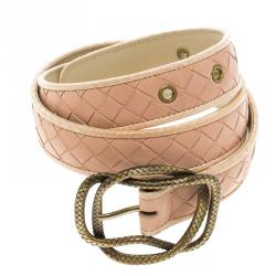 Pre Owned Bottega Veneta Pink Intrecciato Leather Snake Trim Belt 80 CM