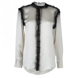 Bottega Veneta Grey Printed Silk Lace Detail Long Sleeve Blouse  S