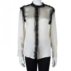 Bottega Veneta Grey Printed Silk Lace Detail Long Sleeve Blouse  S