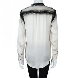 Bottega Veneta Grey Printed Silk Lace Detail Long Sleeve Blouse  S