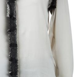 Bottega Veneta Grey Printed Silk Lace Detail Long Sleeve Blouse  S