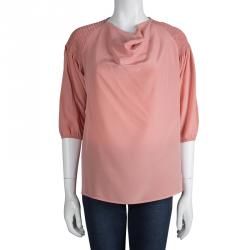 Bottega Veneta Coral Pink Silk Smocking Detail Top S