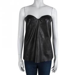Bottega Veneta Black Draped Leather Strapless Top M